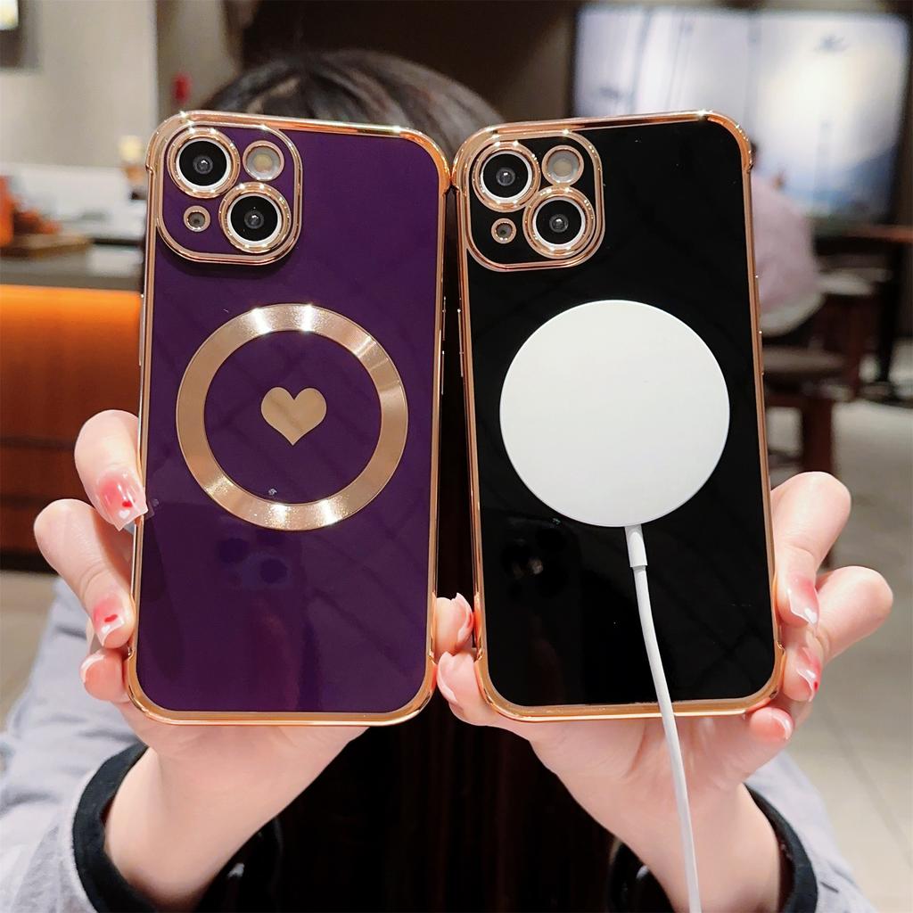 Für iPhone 13 Magnetische Hülle Liebesherz Muster TPU Kratzfeste Handyhülle Galvanisierte Kante