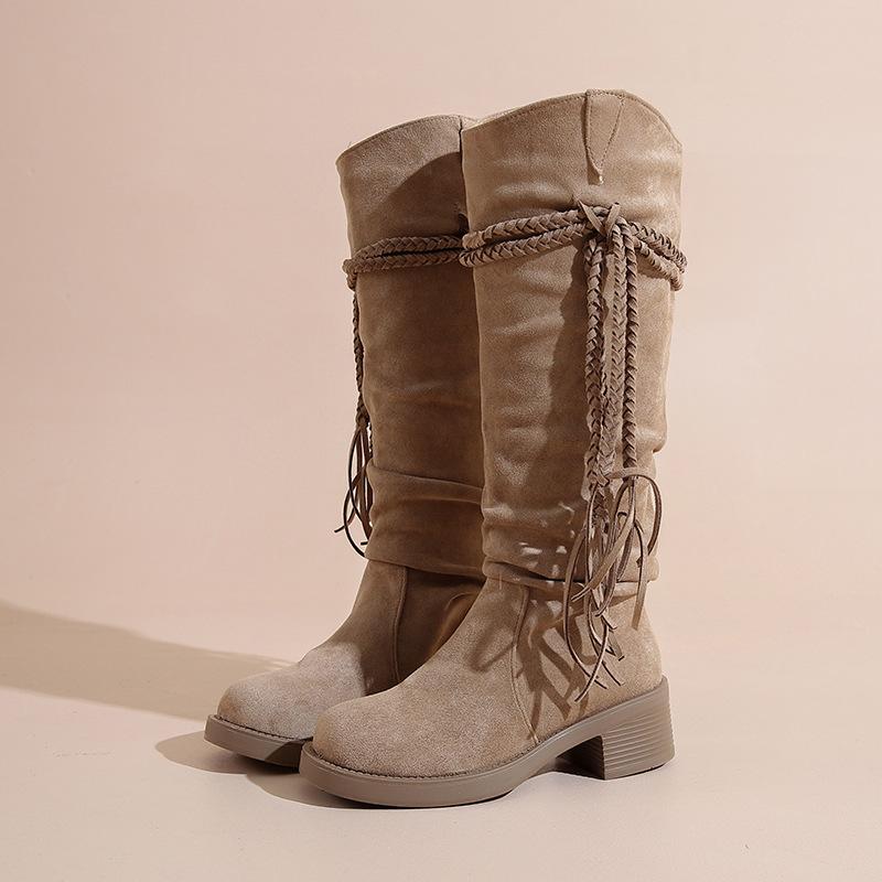 Cowhide Version~ Retro Wasteland Fringed Knight Boots Thick Heel But Knee Long Boots Slim Pile Medium Boots Women