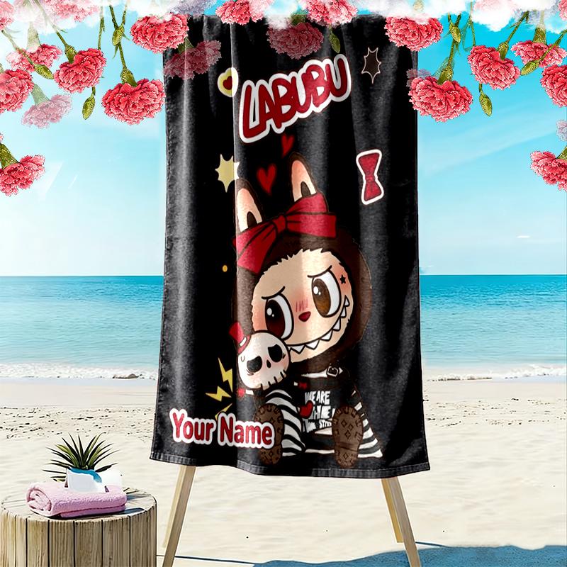 Custom NameLabubu Artwork Beach Towel Soft Microfiber Summer Towel Quick Dry Absorbent Towel for Beach Swimming Pool Travel