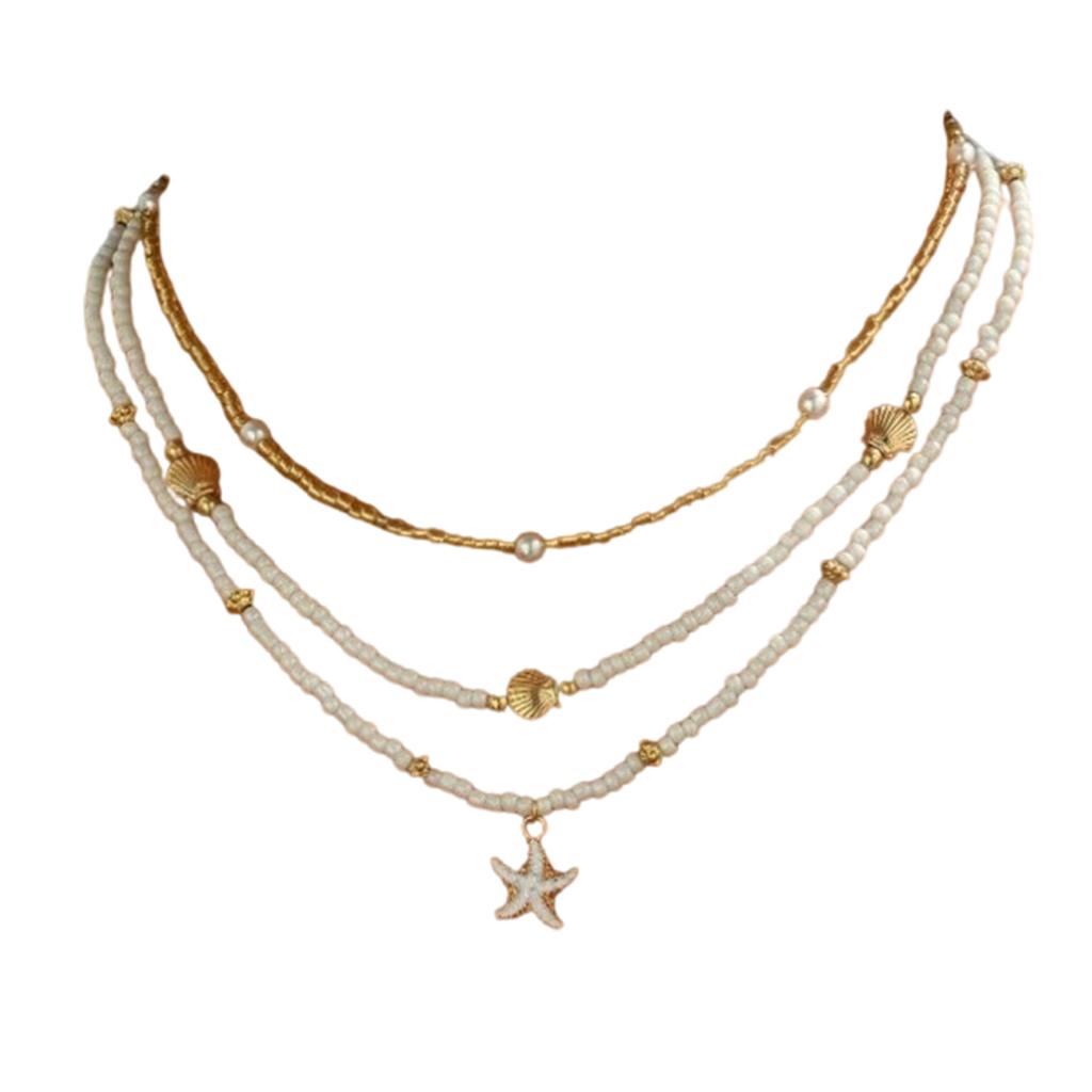 Pack Of 3 Bohemian Adjustable Layering Beaded Necklace/Bracelet With Starfish Shell Pendant For Women Beach Jewelry