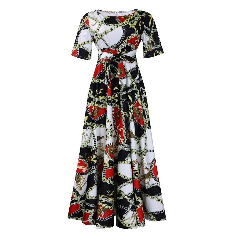 Women Fashion Plus Size Short Sleeve Lace Up Mid Length A Line Dress