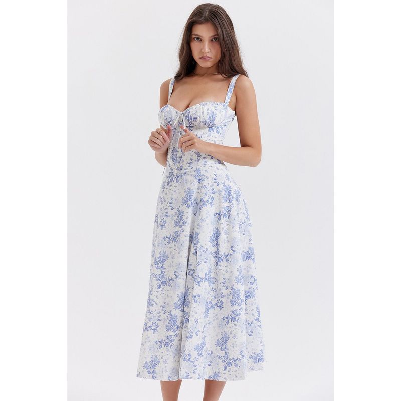 Sweet Summer Fashion off-Neck Shoelace Floral Tight Waist Split Mid Length Long Length Sling Dress Dress
