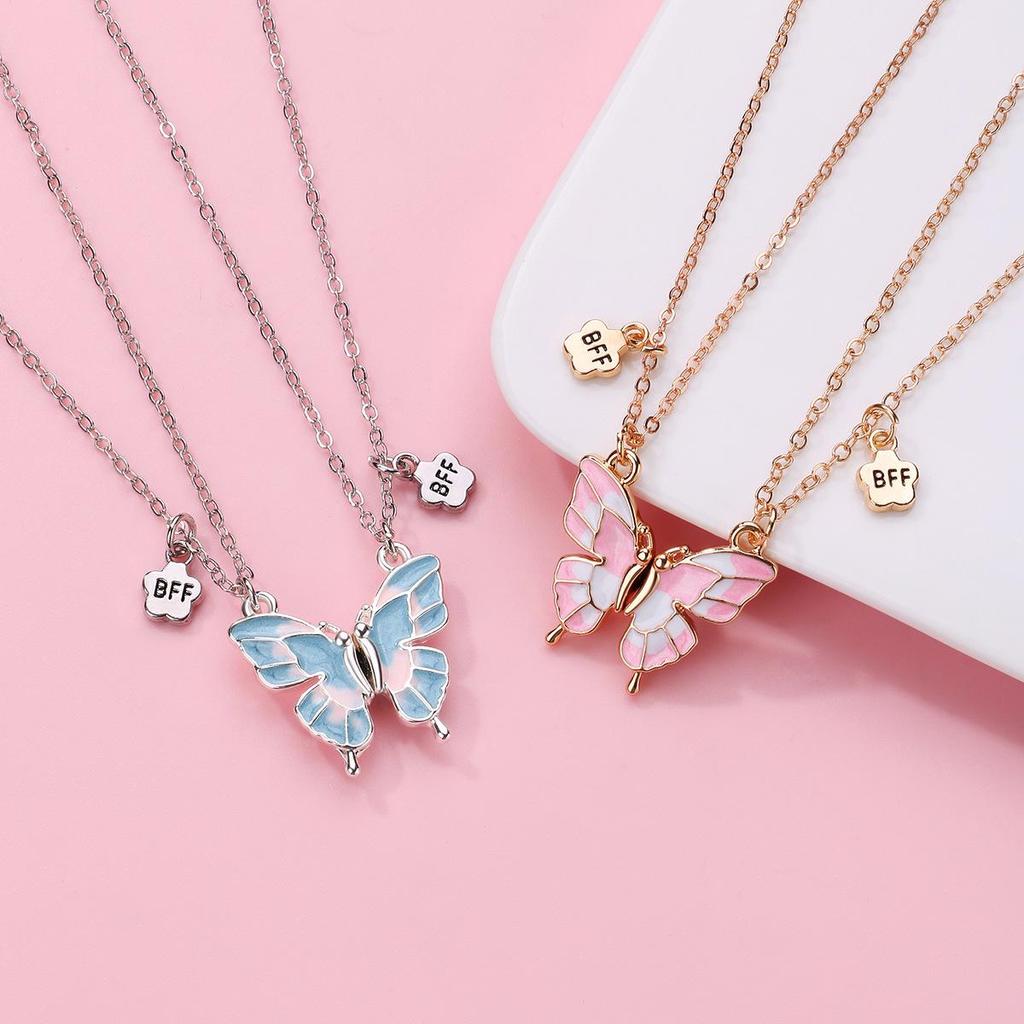 Cartoon Butterfly BFF Necklace Set with Alloy, Drip Oil, Magnet, & Stone Details – Perfect for Kids