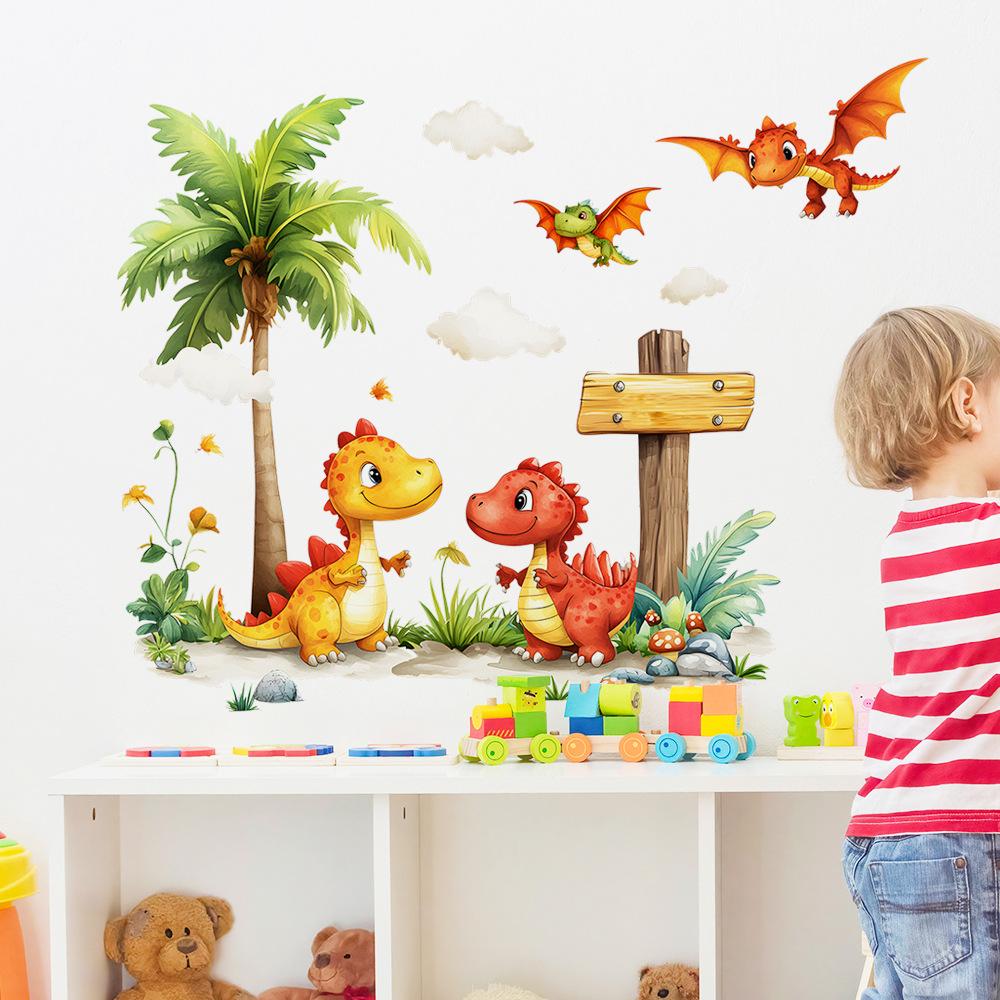 2 Pcs Cartoon Small Dinosaur Children's Bedroom Kindergarten Background Wall Beautification Decoration Wall Stickers
