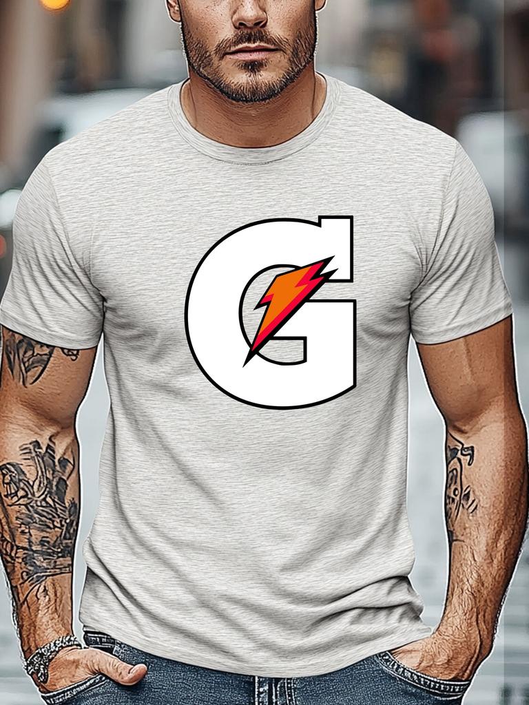 Mens Summer Sport TShirt Letter G Lightning Print Short Sleeve Round Neck Breathable Oversized Dynamic Daily Wear