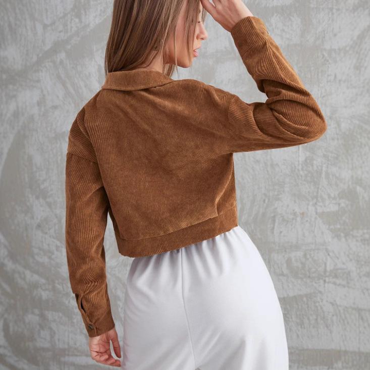 Women's Long Sleeve Corduroy Jacket Lapel Pocket Button Cropped Casual Outerwear