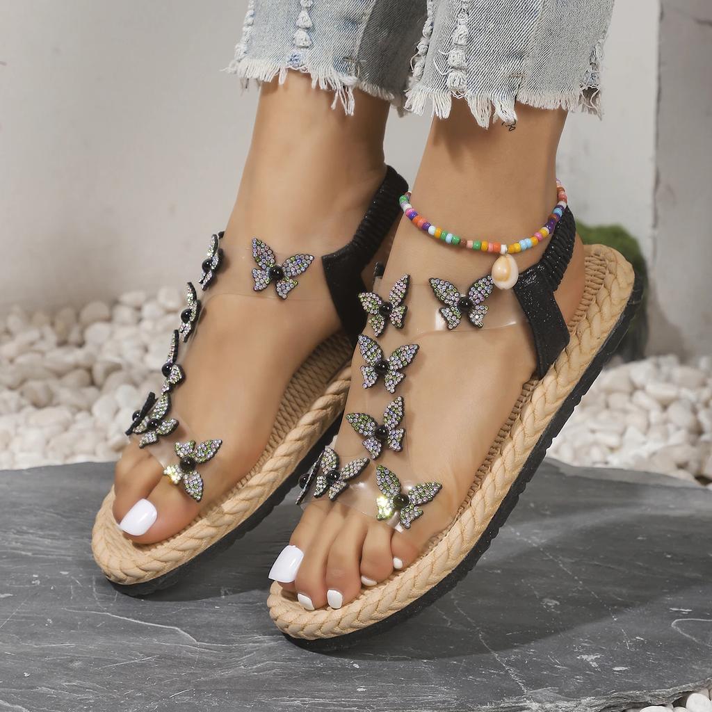 2025 Butterfly Rhinestone Flat Square Toe Fish Mouth Women's Beach Slide Sandals Elastic Strap Plus Size Flat Sandals