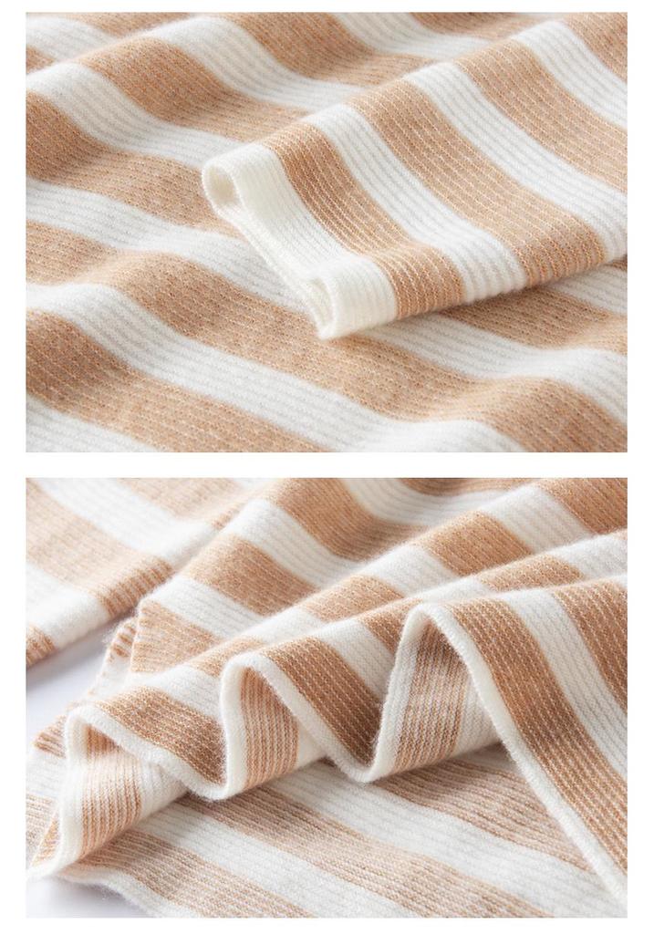 Women's Knit Striped Base Layer Shirt, Long Sleeve, Loose Fit, Warm, Versatile, Round Neck, Cashmere Sweater for Autumn/Winter.