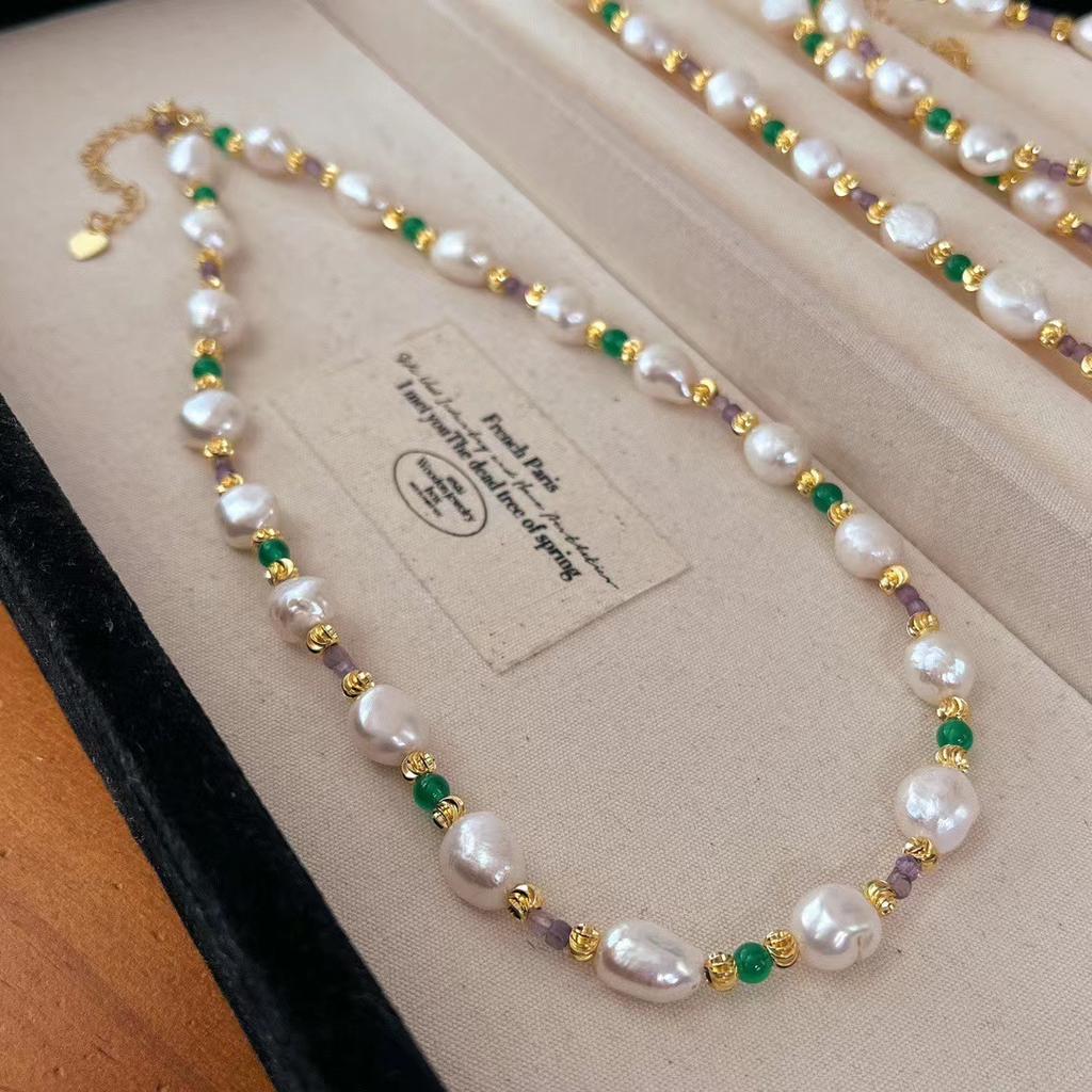 Vintage Natural Freshwater Baroque Pearl Natural Amethyst Chalcedony Clavicle Chain Necklace Female Atmosphere