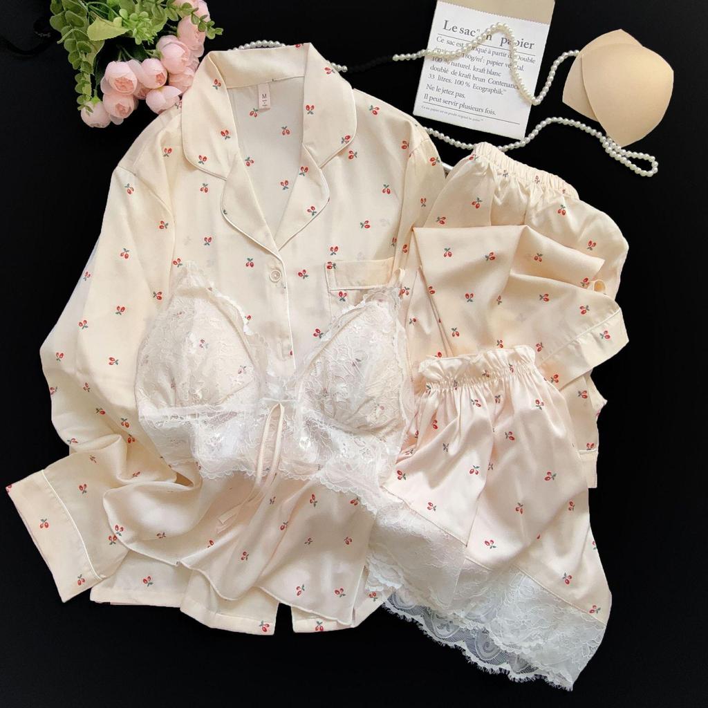 Elegant Women's Ice Silk Pajama Set: Camisole, Long Sleeve, Long Pants - Four-Piece for Spring, Summer, and Autumn