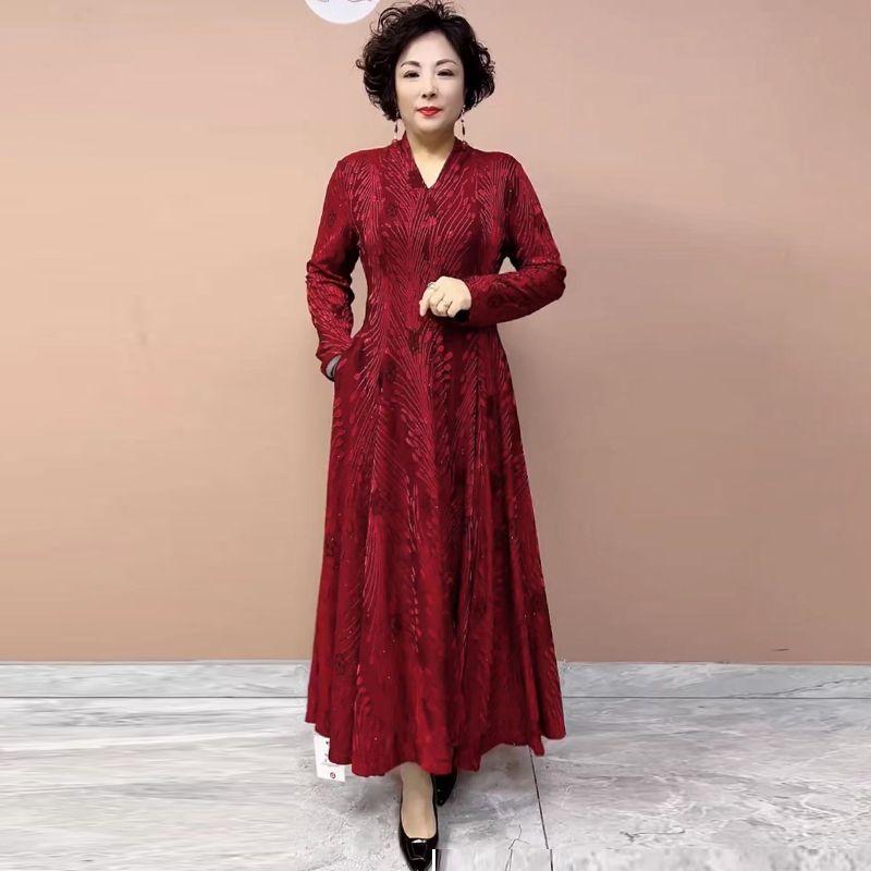 High-end Women's Plus-size Dress Spring and Autumn Slim-fit V-neck Long Printed Dress Stretchy A-line Dress