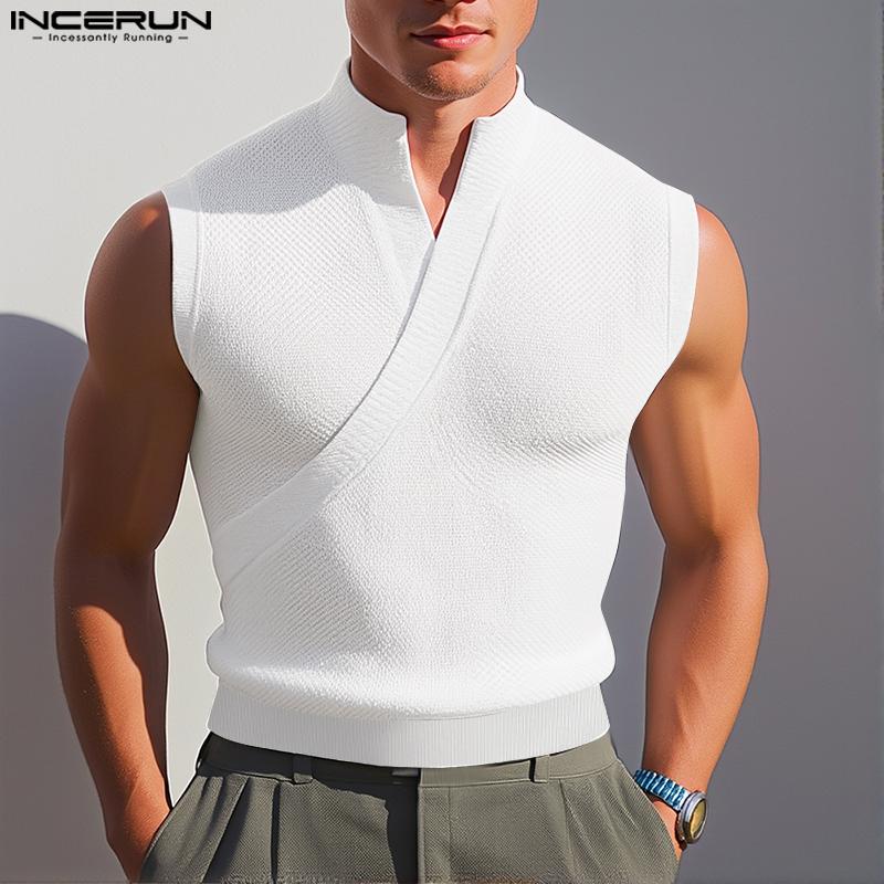 INCERUN Men Stand Neck Sleeveless Solid Casual Loose Tank Tops
