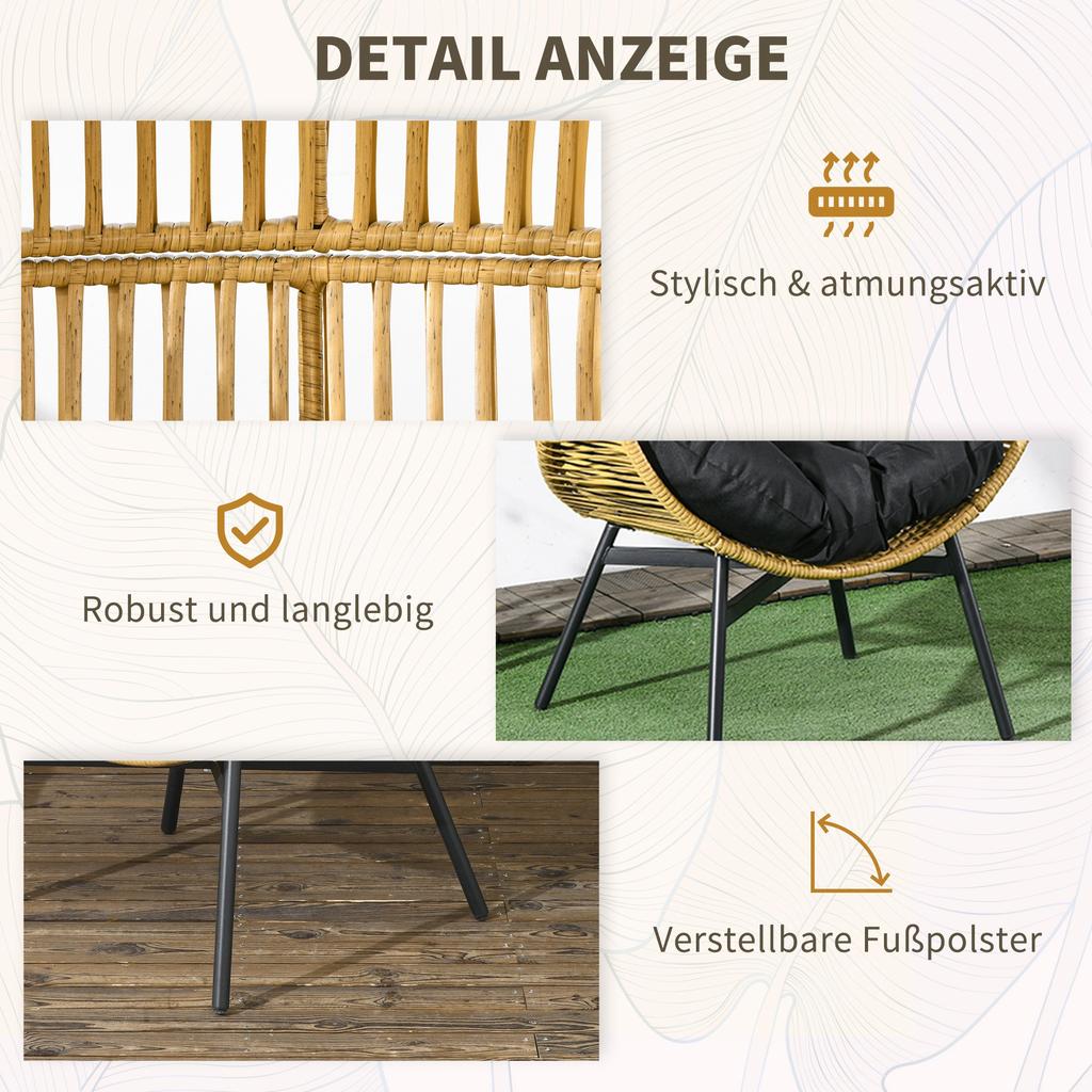 Rattan-Sessel, Stuhl für den Außenbereich, Gartenstuhl. PE-Rattan. 89 cm x 75 cm x 143 cm. Natürlich + Schwarz