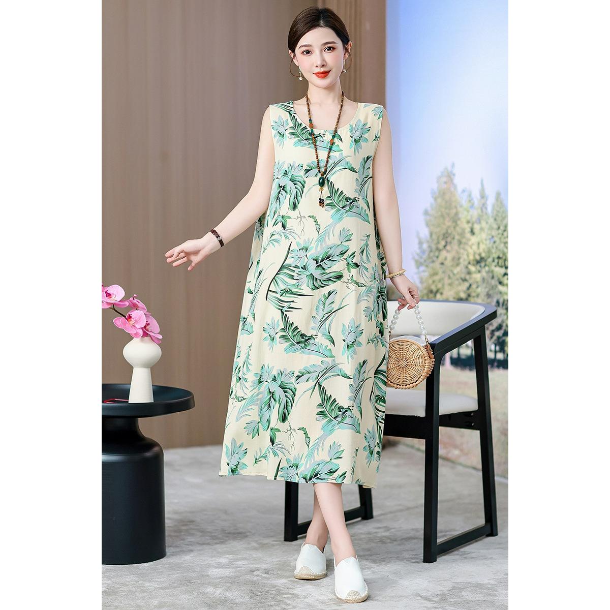 

Temperament, Western Style, Mother s Wear, High-end Cotton Silk Dress, Women s Summer Plus Fat, Plus Size, Loose 5XL