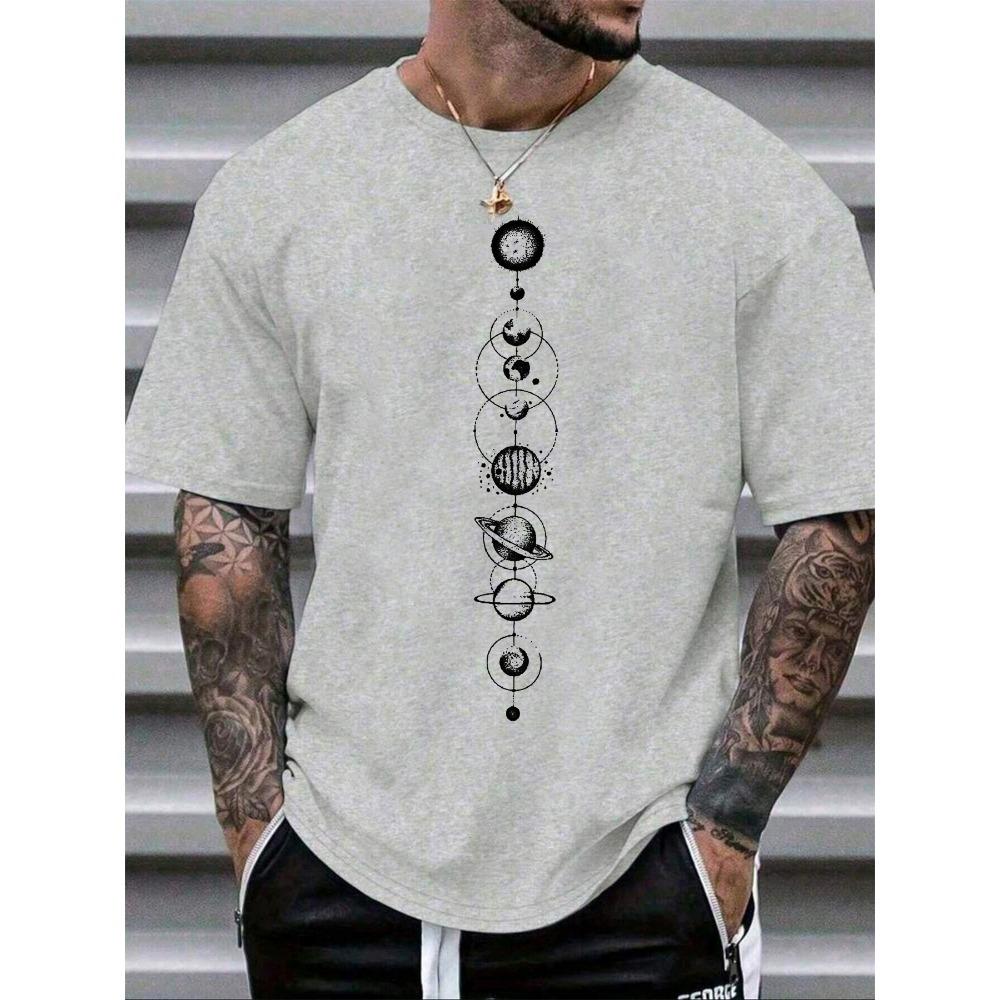Men's summer 100 cotton fashionable casual sports loose space planet pattern printed round neck short sleeved T-shirt top