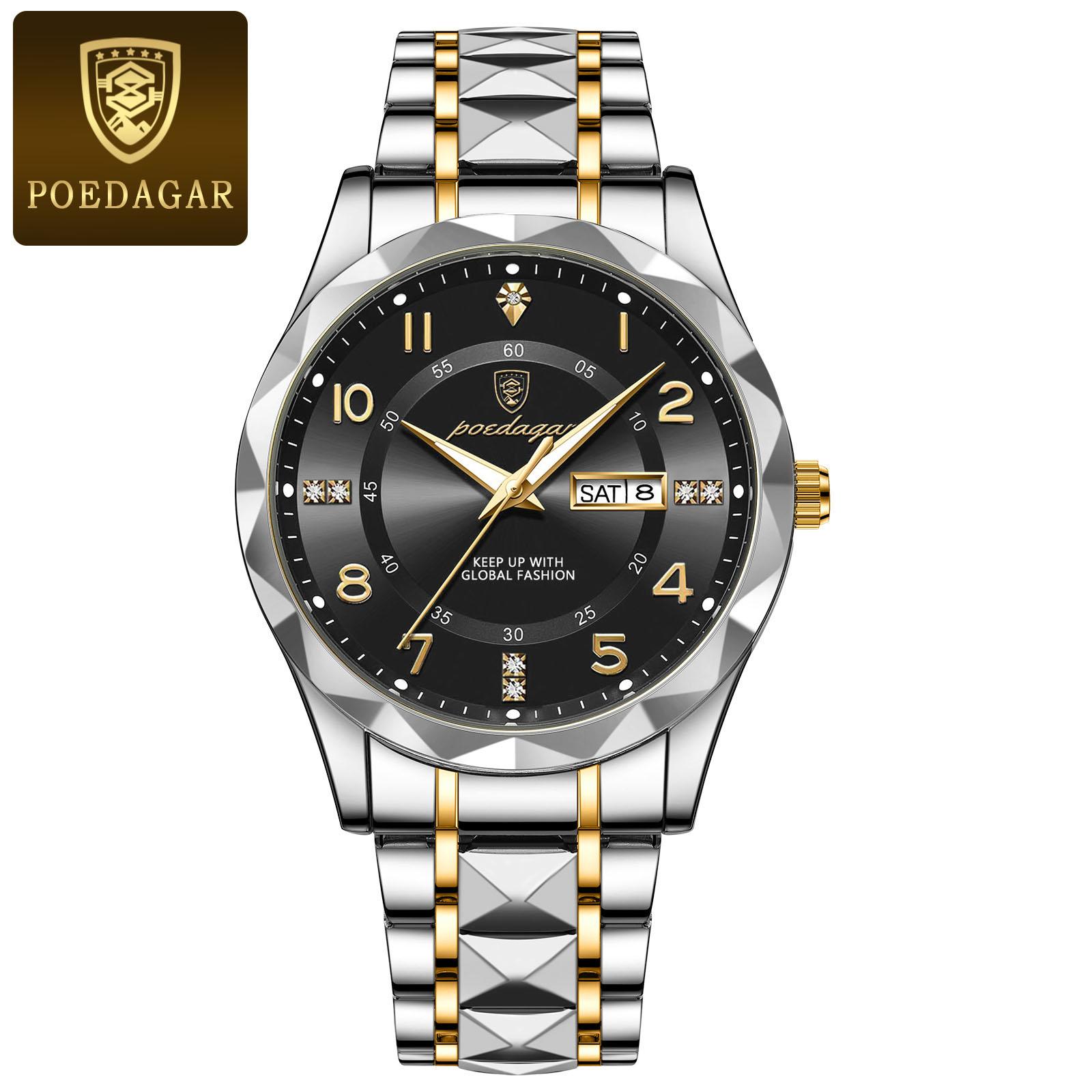 

POEDAGAR Luxury Man Wristwatch Waterproof Luminous Date Week Watch Sport Stainless Steel Quartz Watches Male reloj+box чёрный/золотой