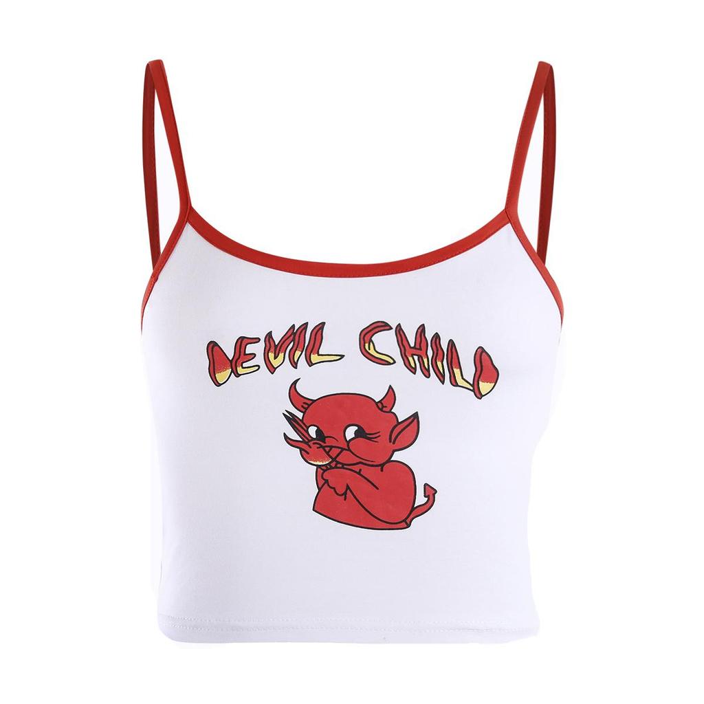 FASHION Women Sleeveless Camisole Cartoon Letter Demon Print Summer Short Elastic Soft Vest