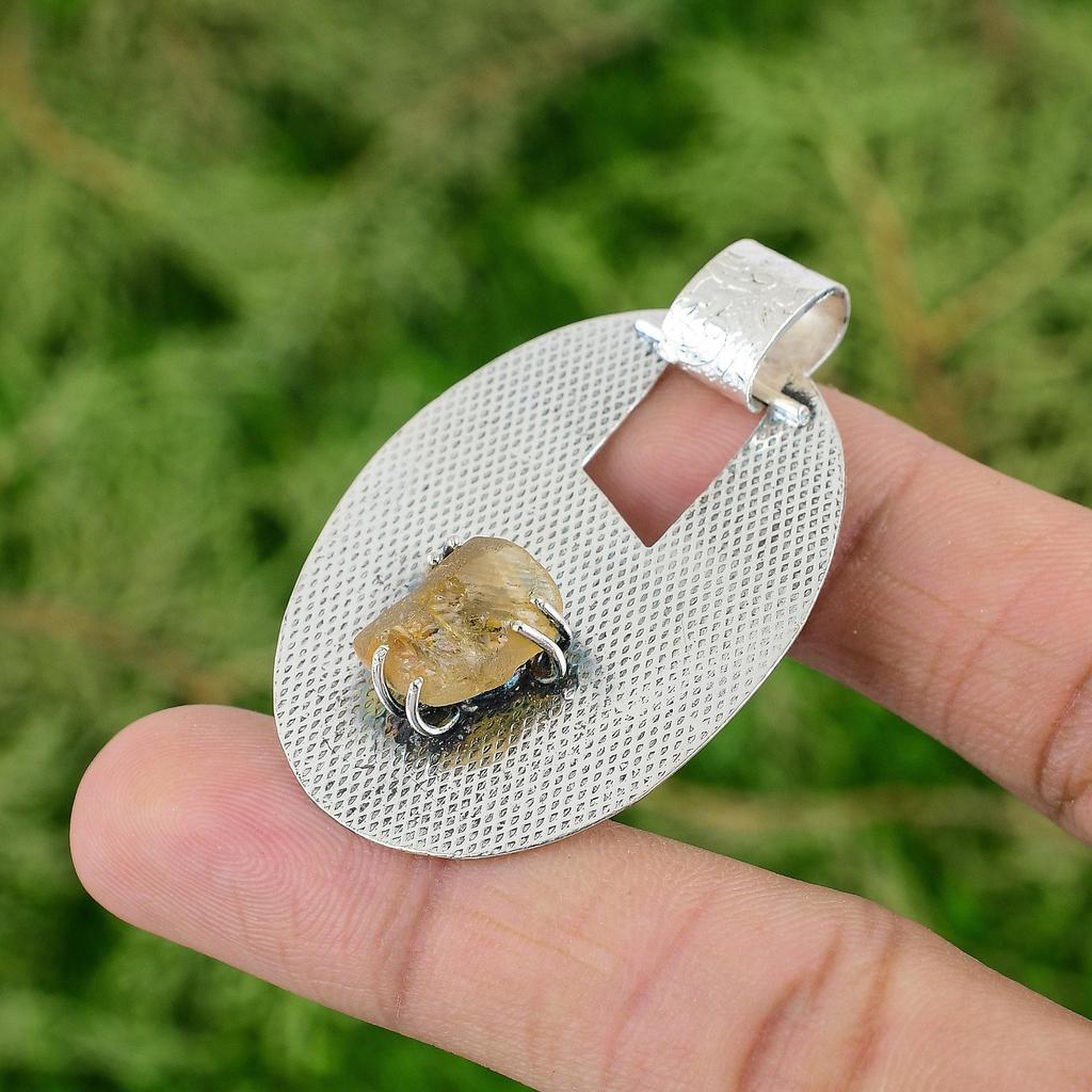 Sterling Silver Oktagon November Naturlig Citrin Rå Infattning Nytt Hänge Smycken