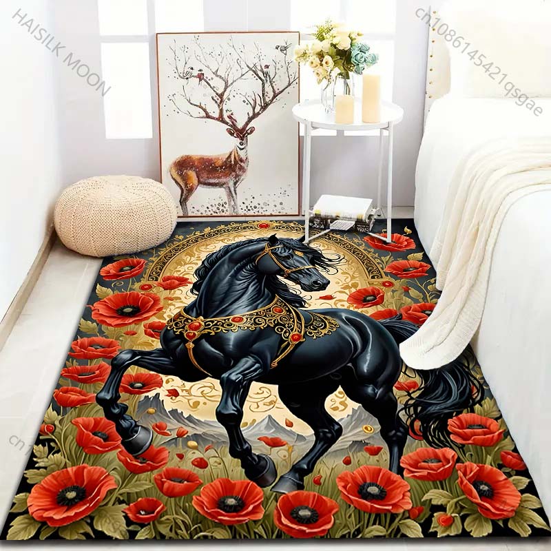 1 Stück Teppich mit Blumen- und Schwarzes-Pferd-Druck für Schlafzimmer, Wohnzimmer, Bettseite, Sofa, Bodenmatte, Moderne Heimdekoration, Bereichsteppich
