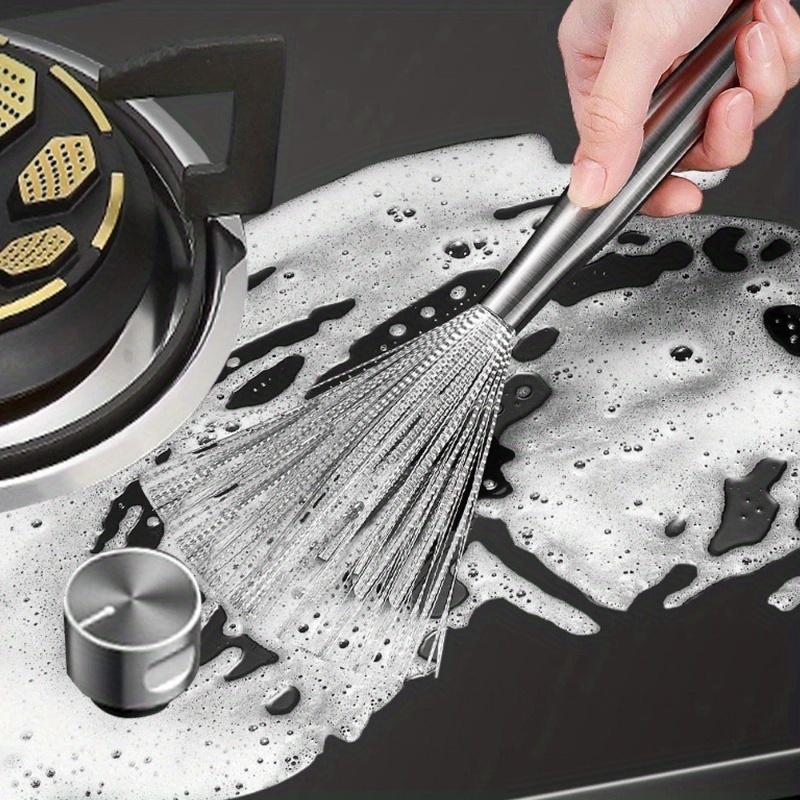 3pcs Stainless Steel Pan Brush Long Handle Strong Decontamination Convenient Fast Sink Stove Kitchen Accessories.