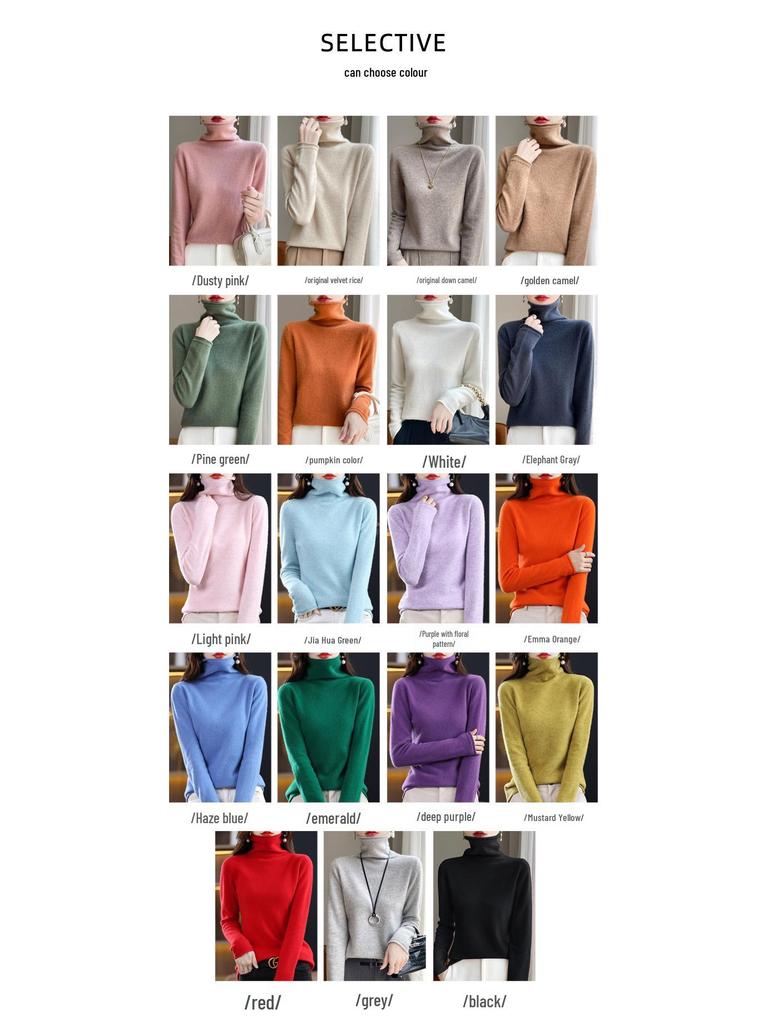 Women's 100% Pure Wool Turtleneck Sweater - Fashionable Autumn/Winter Knitted Cashmere Base Layer Top