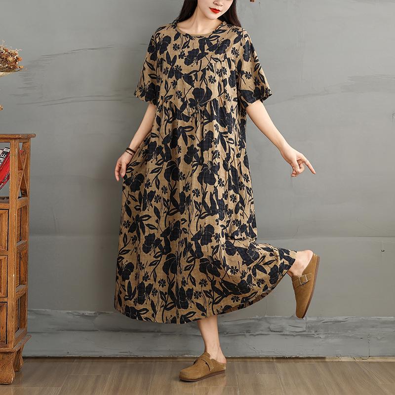 DIMANAF 2025 Women Plus Size Spring Summer Dress Casual Floral Dress Basic Vintage Loose Long Dress Maxi 9309