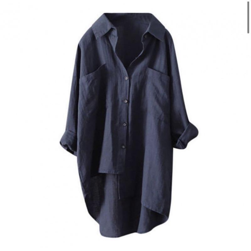 Women Oversized Long Linen Shirt Lapel Pocket Button Down Loose Casual Long Tunic Blouse