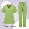 Women's Short Sleeved Solid Color V-Neck Pocket Top Pants Work Clothes Two Piece Set
