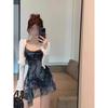 Female summer design sense European and American spice girls tie-dye printing sleeveless suspender dress cross backless irregular short skirt
