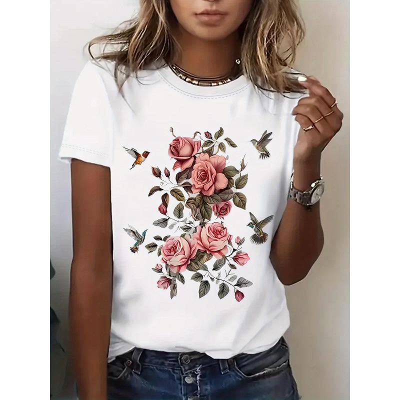 European Size Women'S Casual Short-Sleeve T-Shirt - Rose Floral Print, Made of / Blend, Lightweight Summer Top, Machine Washable Regular Fit White Tee