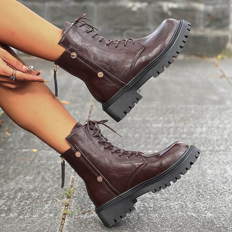 Fashion Black Thick Sole Punk Ankle Boots Women Vintage Lace Up Platform Motorcycle Boots Woman 2025 Pu Leather Gothic Shoes Size 35-42