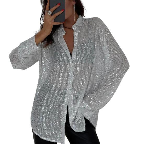 Dames Blouse Revers Lange Mouw Glanzende Pailletten Blouse Tops Losse Pasvorm Verborgen Knoop Cardigan Blouse Nachtclub Partykleding