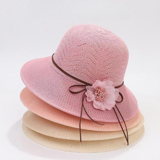 Lady Hollow Out Knitted Bucket Sun Hat Folding Cap 3D Flower Breathable Sun Hat