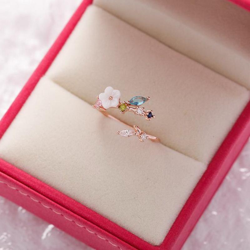 New Fashion Crystal Zircon Rings Sweet Flower Leaf Butterfly Adjustable Open Rings Female Wedding Engagement Jewelry Gift