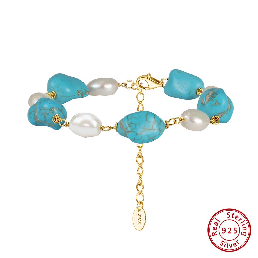 Effie Queen Vintage Natural Turquoise Bracelet With Baroque Pearl 925 Sterling Silver Turquoise Stone Chain Bracelet Party MPB16
