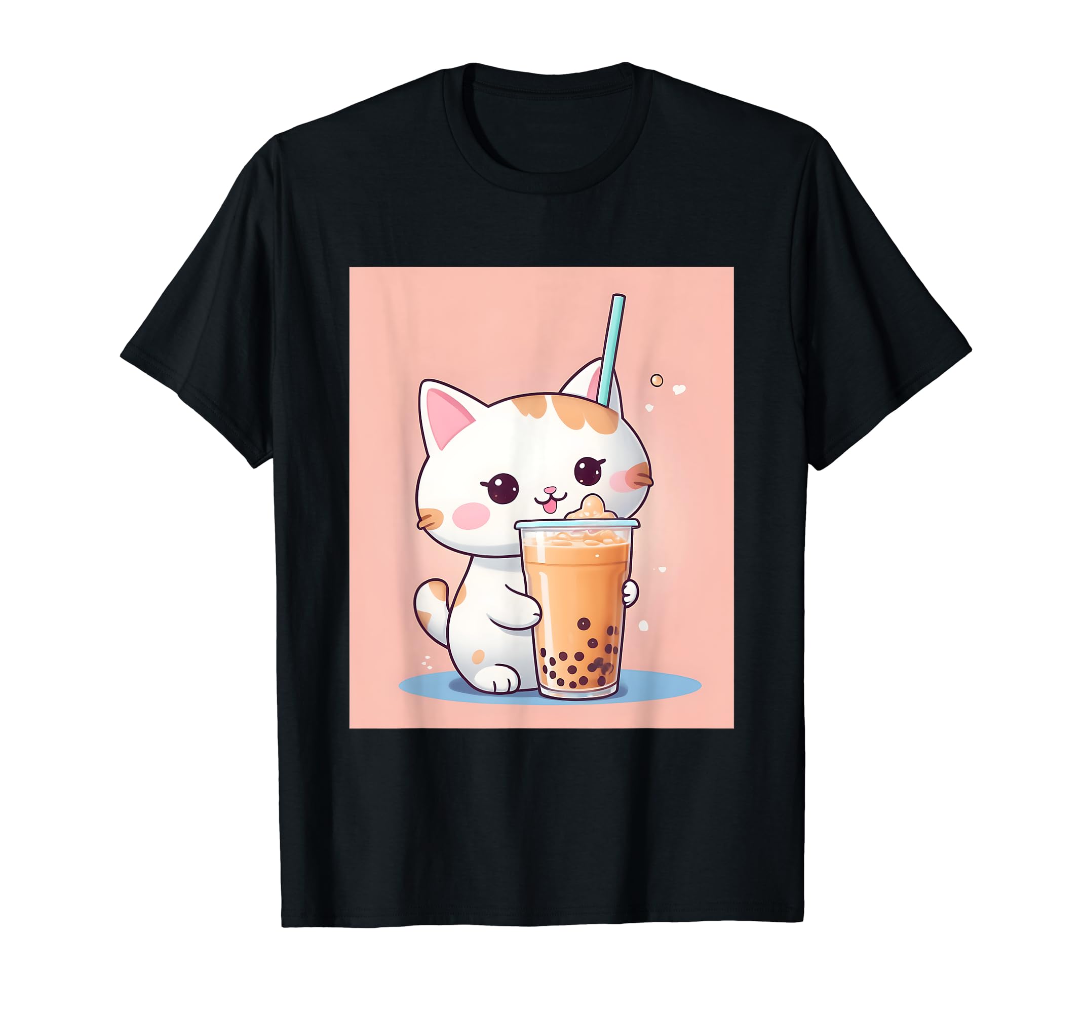 

bubble things printed Kawaii, cat, boba, tea, cute, Japanese, T-shirt чорний
