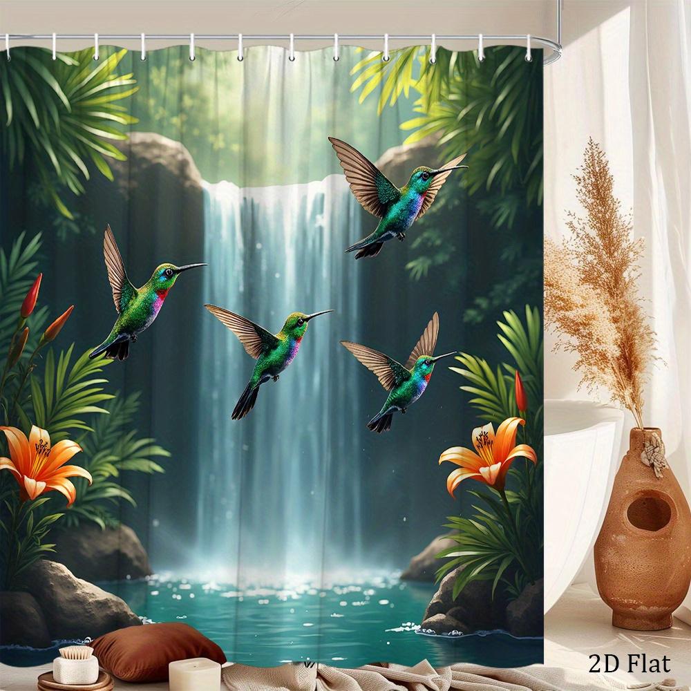 Hummingbird Waterfall Shower Curtain Tropical Birds, Lush Greenery & Orange Flowers, Nature Art Bath Curtain for Home Decor
