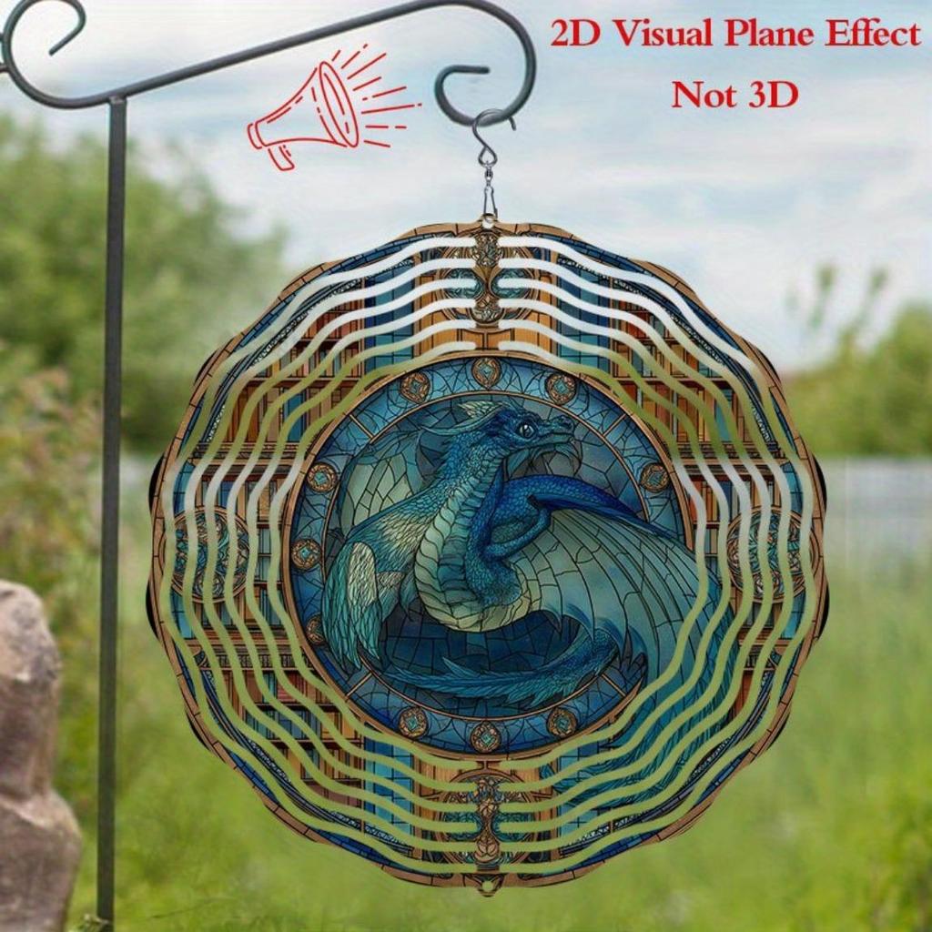 Stained Glass Dragon Wind Chime Outdoor Decor 10 Inch Rotating Metal Garden Art Handmade Asian Style Patio Hanging Ornament Gift for Home