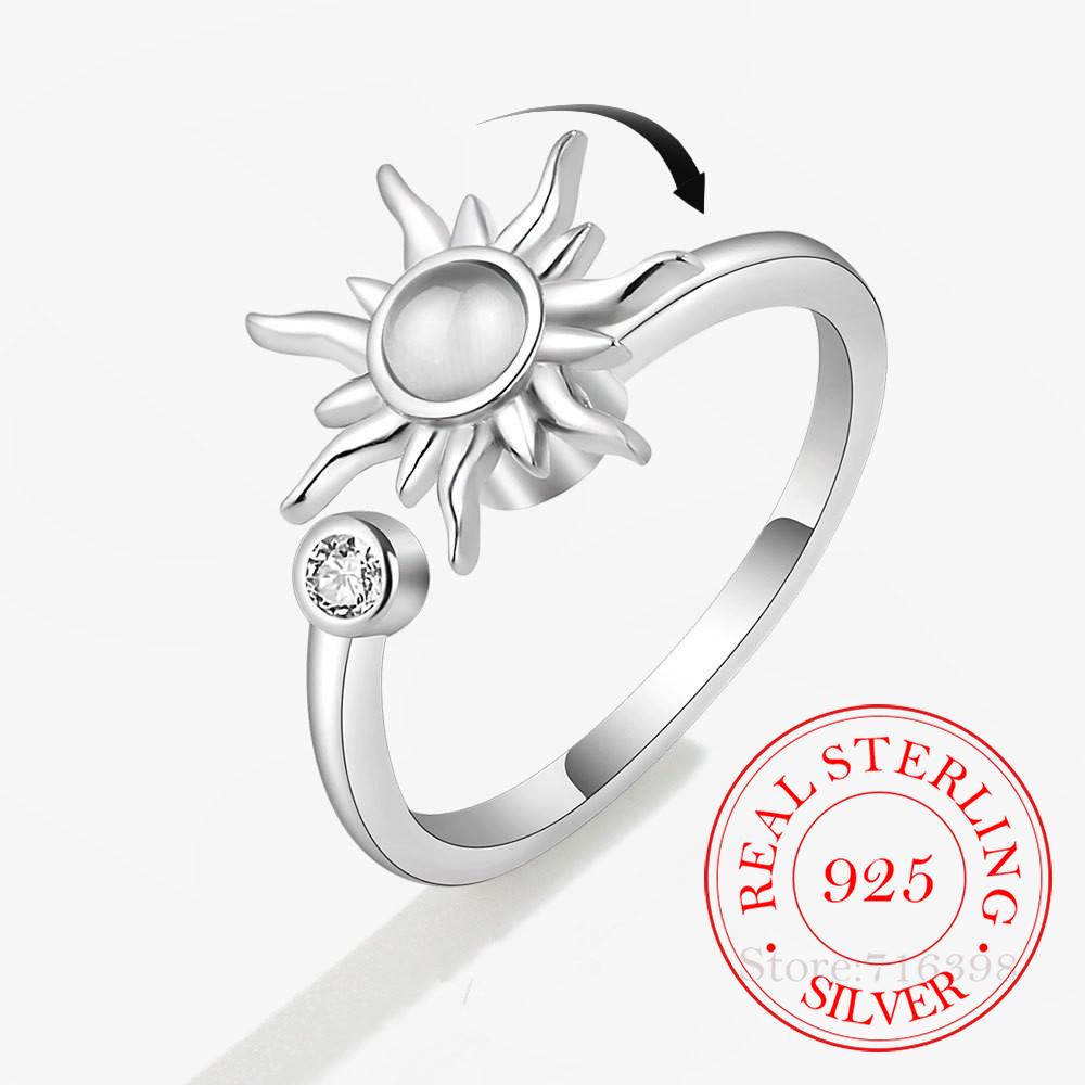

925 Sterling Silver Zircon Sunflower Spinner Rings for Women Adjustable Anti Stress Rings Fashion Party Gift 2022 New Hot Sale One Size