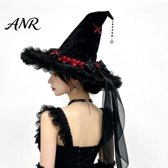 Spooky Festival Accessories Halloween Witch Hat for Women, Large Black Velvet Wizard with Party Favors Mesh Ruffle Brim Adults Costume, Cosplay