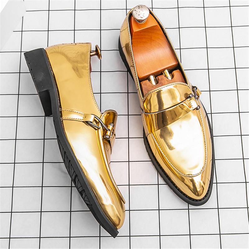 Gold Green White Pointed Patent Leather Casual Shoes For Men Brand Designer Monk Strap Loafers Wedding Dress Homecoming Footwear
