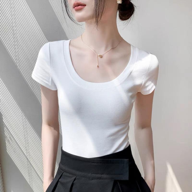 Slim-fit short-sleeved T-shirt women's summer new shoulder pure cotton waist-thin top large neckline bottoming shirt