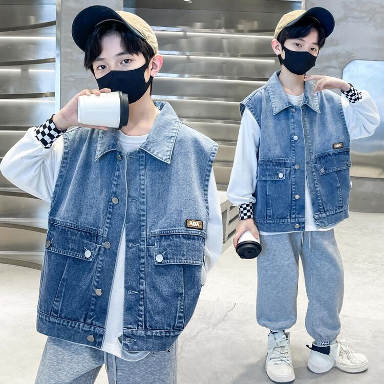 Children's Spring and Autumn Boys Style Big Children's Denim Vest Spring Casual Pocket Little Boy Waistcoat Vest Outer Wear