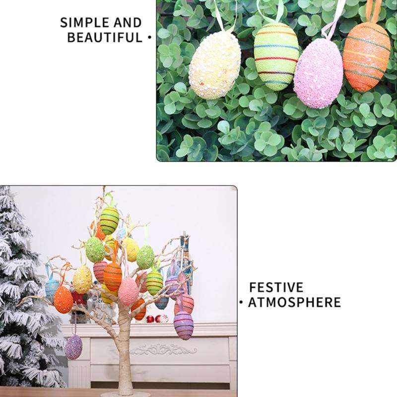 6PCS Set Easter Decorations Ornaments Bright Color Striped Foames Eggs Decorations for Easter Holiday Occasion