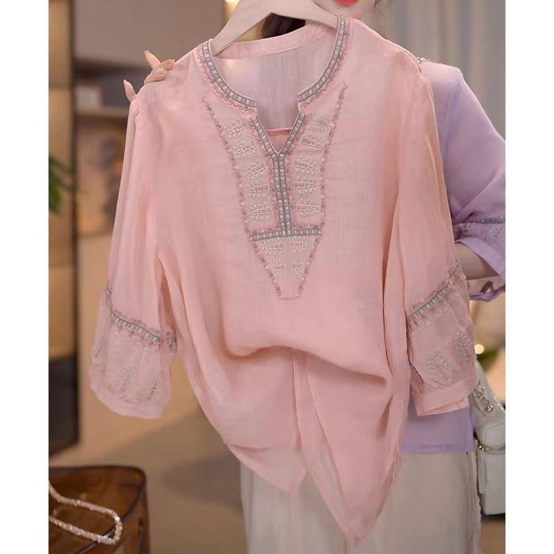 Women S Chinese Style Embroidered Mid Sleeve Pullover Shirt Summer Retro Thin Top M розовый