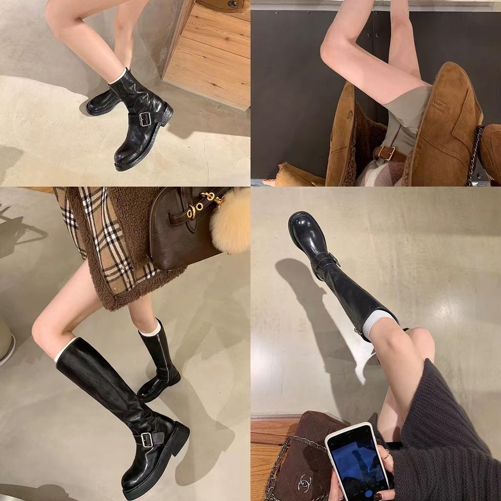 Sheepskin Version~ Washed Leather Round Head Thick Heel High Boots Women's Wide Tube Thick Sole Versatile Knight Boots Martin Boots Long Boots