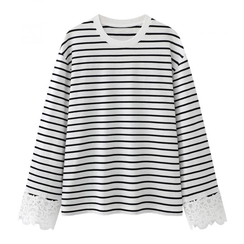

Spring Striped Long Sleeve Embroidered T-Shirt with Lace Trim Large