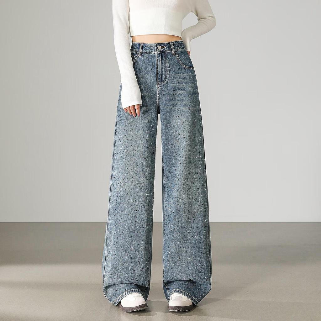 TonLion Autumn Winter Women's Loose Sequin Decorated Wide-Leg Denim Pants