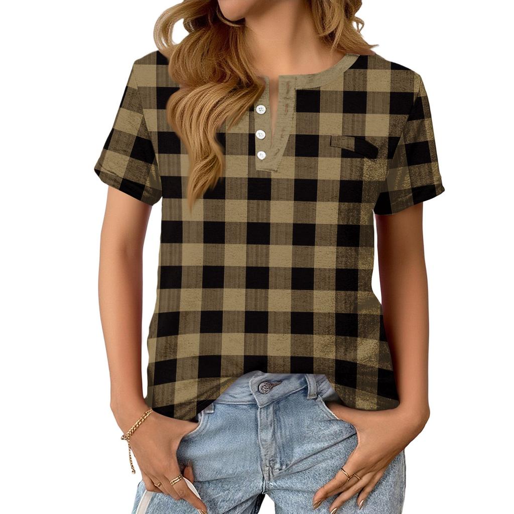 Women's Fashionable Casual Summer Plaid Print V-neck Button Short-sleeved Top