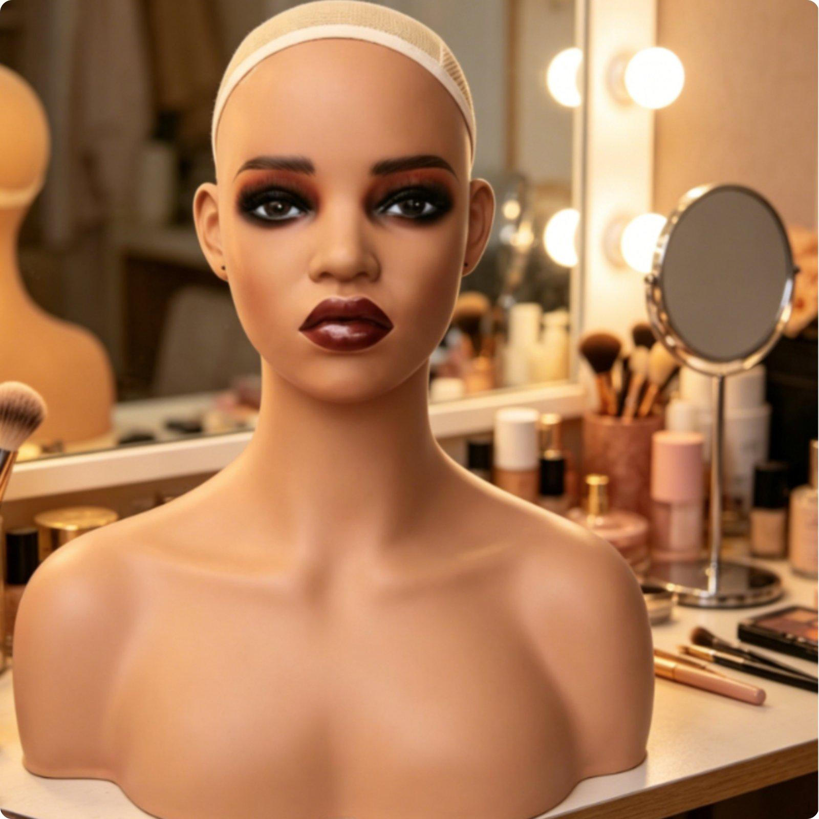 Shoulder Mannequin Bust PVC Realistic Head for Salon Stylists, Photo Photography 01 Brown 01 Brown Red Lip